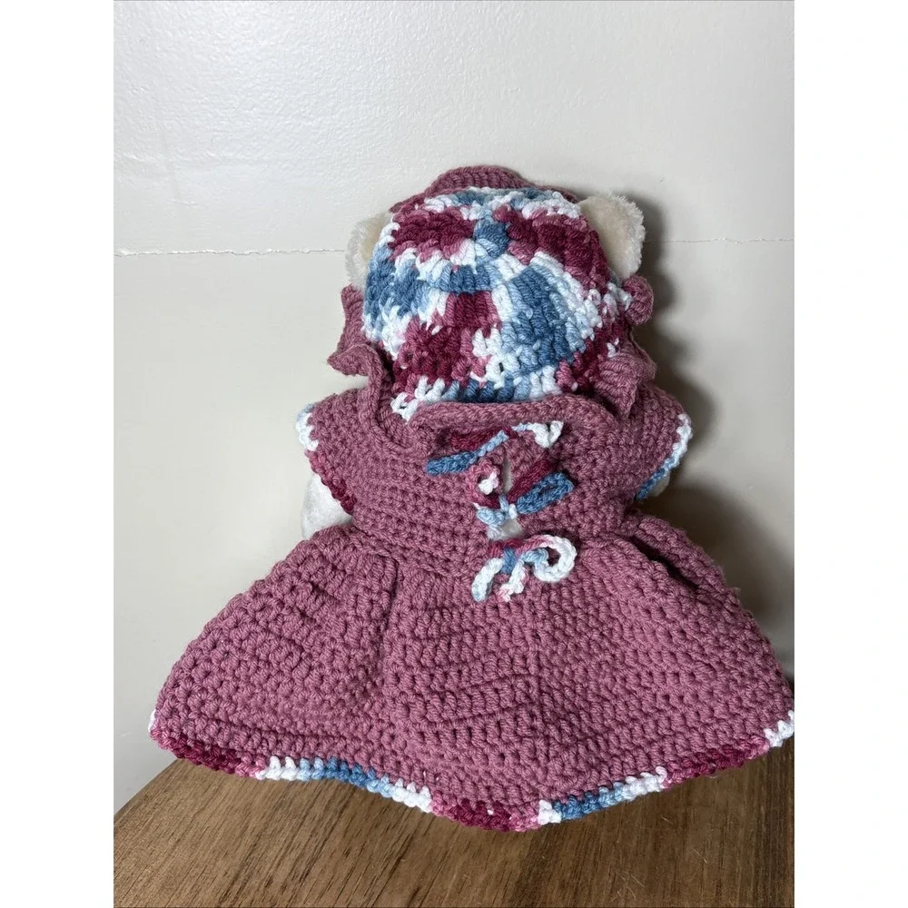Bear In Handmade Crochet Dress W/ Hat Bear Has Movable Arms & Legs
